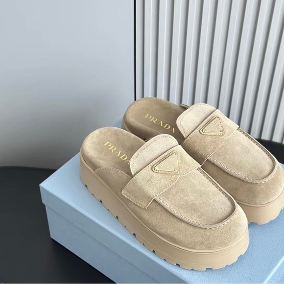Prada Beige Suede Platform Mules - Picture 2 of 8